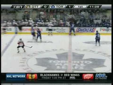 Francis Lessard flips into the Leafs bench