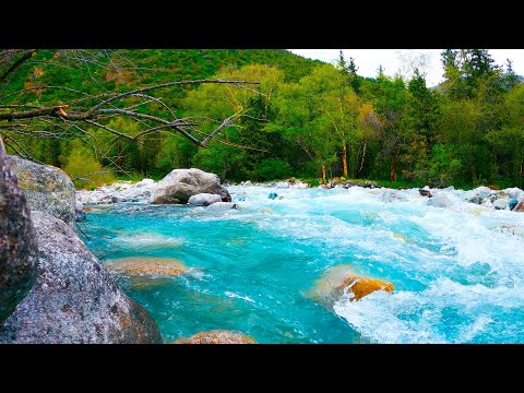 4K Mountain River Flowing Over Stones | Turquoise Water & Soothing River Sounds for Sleep & Relax.