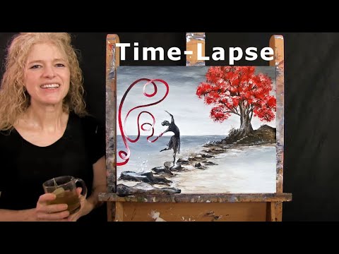 TIME LAPSE - Learn How to Paint RED RIBBON DANCER with Acrylic - Fun Step by Step Tutorial