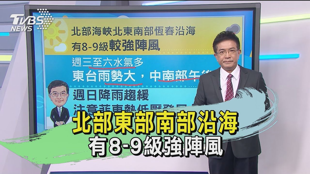 北部東部南部沿海 有8至9級強陣風