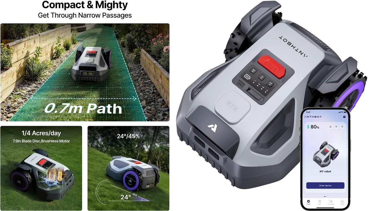 This robotic mower utilizes RTK positioning to navigate complex yards, tight corners, and uneven terrain.