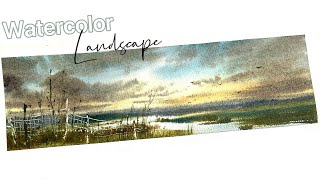 Watercolor Landscape Painting: Expansive Lake and Sky