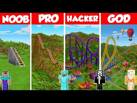 Rollercoaster Build Battle Challenge - Noob vs Pro vs Hacker vs God - Minecraft Animation