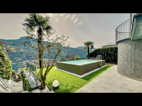 Enchanting lake view, swimming pool & garden: modern villa for sale in Swiss Vico Morcote