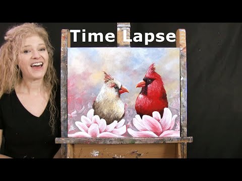 TIME LAPSE - Learn How to Paint "SPRING CARDINALS" with Acrylic - Animal Floral Step by Step Lesson