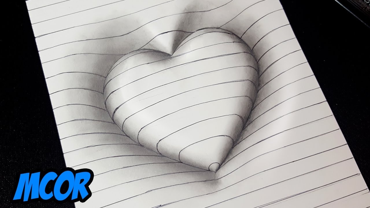 Como Dibujar un Corazón repujado en 3D con Lineas - Dibujos 3D Faciles