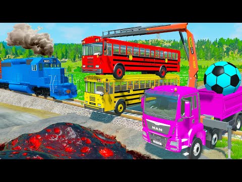 Double Bus vs rails and Trains with flatbed trailer truck rescue cars - Cars vs monster truck