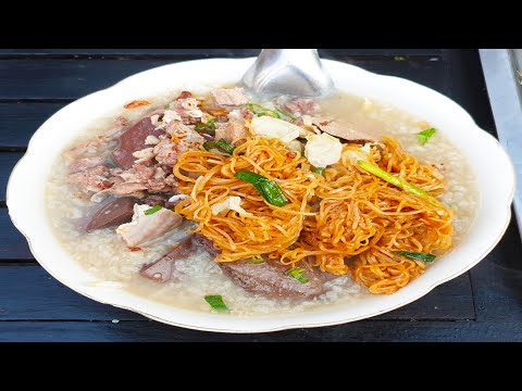 Pork And Chicken Rice Porridge Breakfast, Very Popular Street Food, Phnom Penh Cheap Street Food