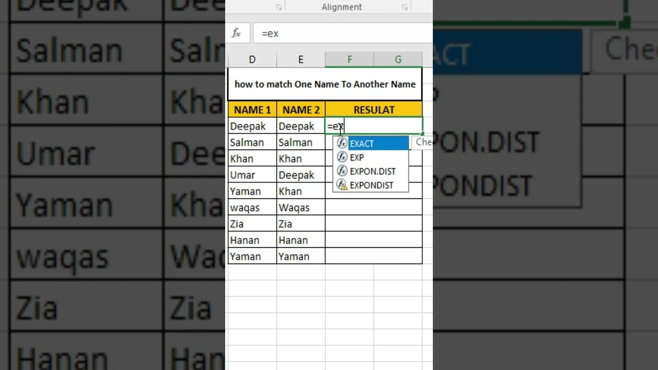 How to use Exact Formula in excel || how to match one name to another name in excel