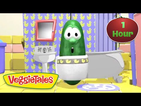 Green veggie character in a bathroom with yellow duck wallpaper and a toilet, from VeggieTales (video thumbnail).