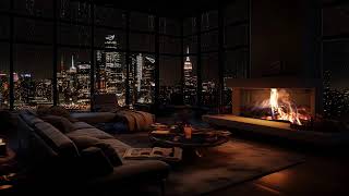Regen- und Kaminatmosphäre: Gemütliches Schlafzimmer mit Blick auf die nächtliche Stadt 🌧️🔥🌃