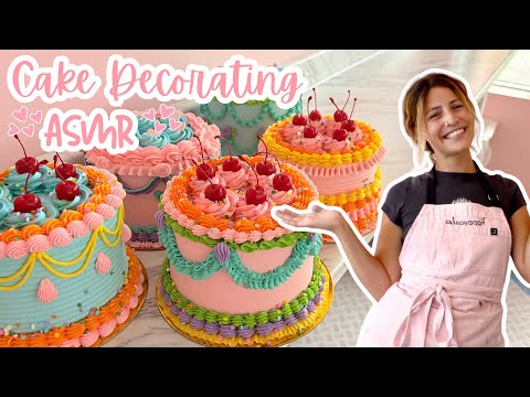 Satisfying Cake Decorating ASMR | Decorate Rainbow Vintage Cakes With Me! | [No Talking] [No Music]