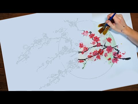 Incredible time lapse painting of a spring tree on the moon | Watercolor painting in Chinese style