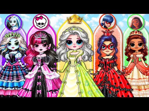 Marinette,  Moana, Elsa & Monster High Princess Paper Doll Dress up | SurprisingDolls Best Paper DIY