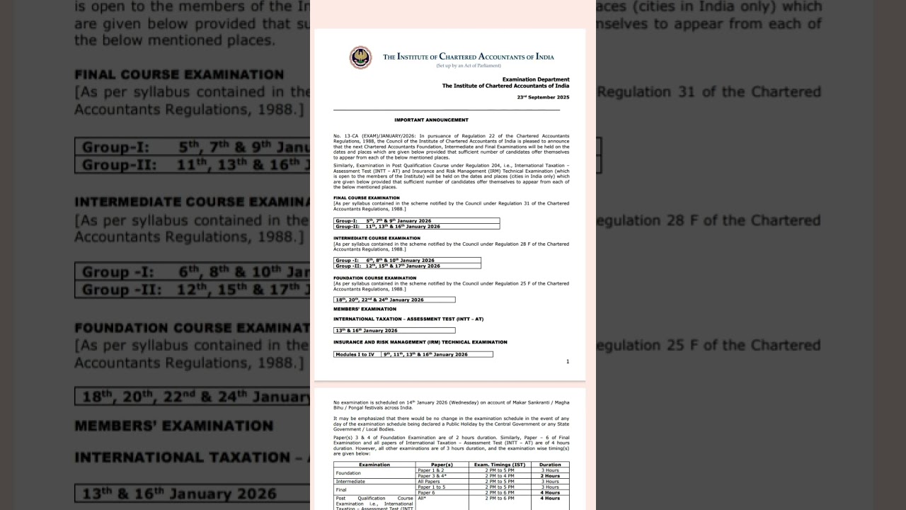 ICAI BREAKING NEWS JAN 26 EXAM DATES ANNOUNCED