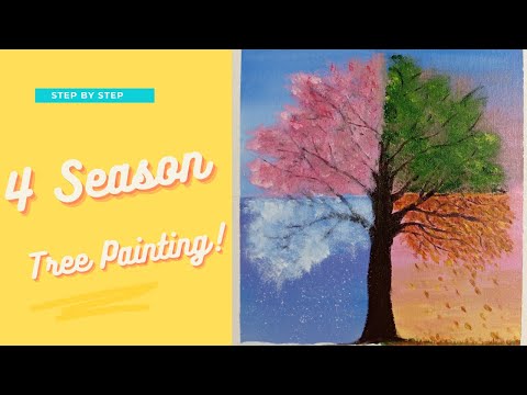 Four seasons tree painting ! Landscape acrylic painting on canvas