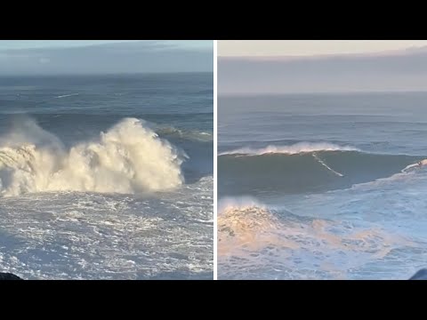Record breaking waves surfed at Nazare, Portugal
