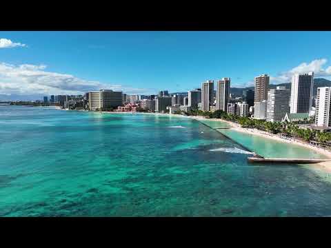 Aerial view of the Waikiki cityscape from the Pacific Ocean. Waikiki is one of the most popular tourist destinations on Oahu.
