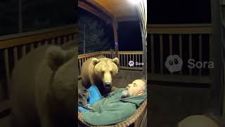 Bear attacks a sleeping man on the porch. Can saves the sleeping man from the bear #bear #animals