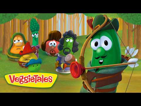 Green veggie archer aiming a bow in a forest, VeggieTales logo at bottom left, group of humanoid vegetables watching.