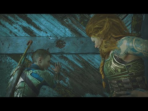 Atreus Tries To Open The Door And Push The Big Crate In Front Of Thrud - God Of War: Ragnarök