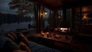 Autumn Forest Rain Outside a Cozy Cabin with Fireplace for Deep Relaxation