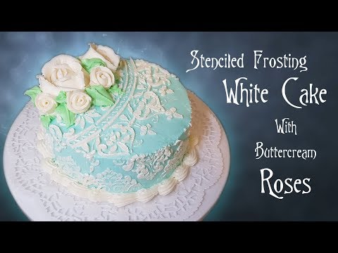 Stenciled Frosting White Cake With Buttercream Roses