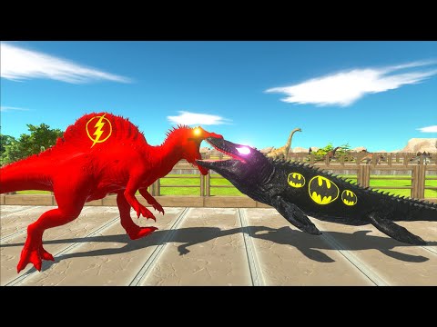 FLASH SPINOSAURUS VS BATMAN MOSASAURUS DEATH RUN - Animal Revolt Battle Simulator