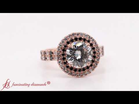 Double Band Round Halo Moissanite Engagement Ring With Black Diamond In Rose Gold