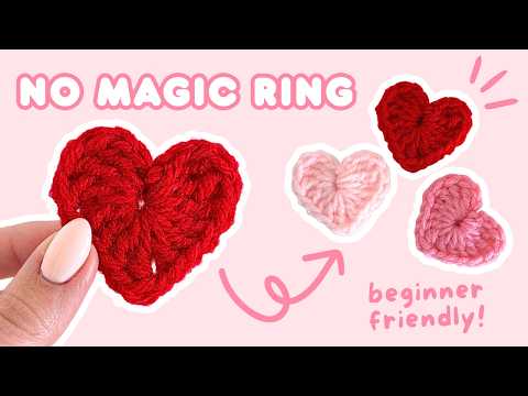 no magic ring mini crochet heart applique ♡ how to crochet a heart for BEGINNERS *updated tutorial*