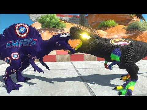 BATMAN T-REX vs CAPTAIN AMERICA SPINOSAURUS DEATH FALL - Animal Revolt Battle Simulator