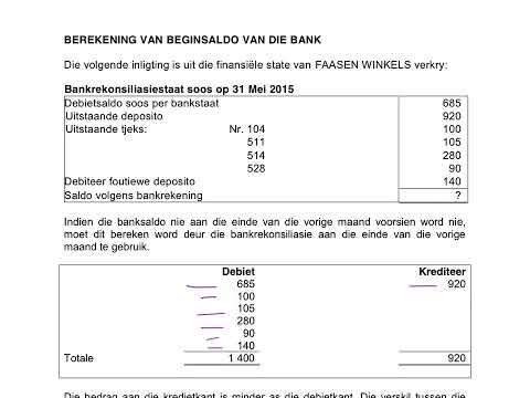 GRAAD 10, 11 EN 12 REKENINGKUNDE - Berekening van die begin saldo in die bankrekening,