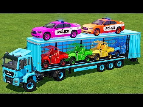 LOAD & TRANSPORT POLICE CARS & MAHINDRA MINI CARS WITH MAN TRUCK - Farming Simulator 22
