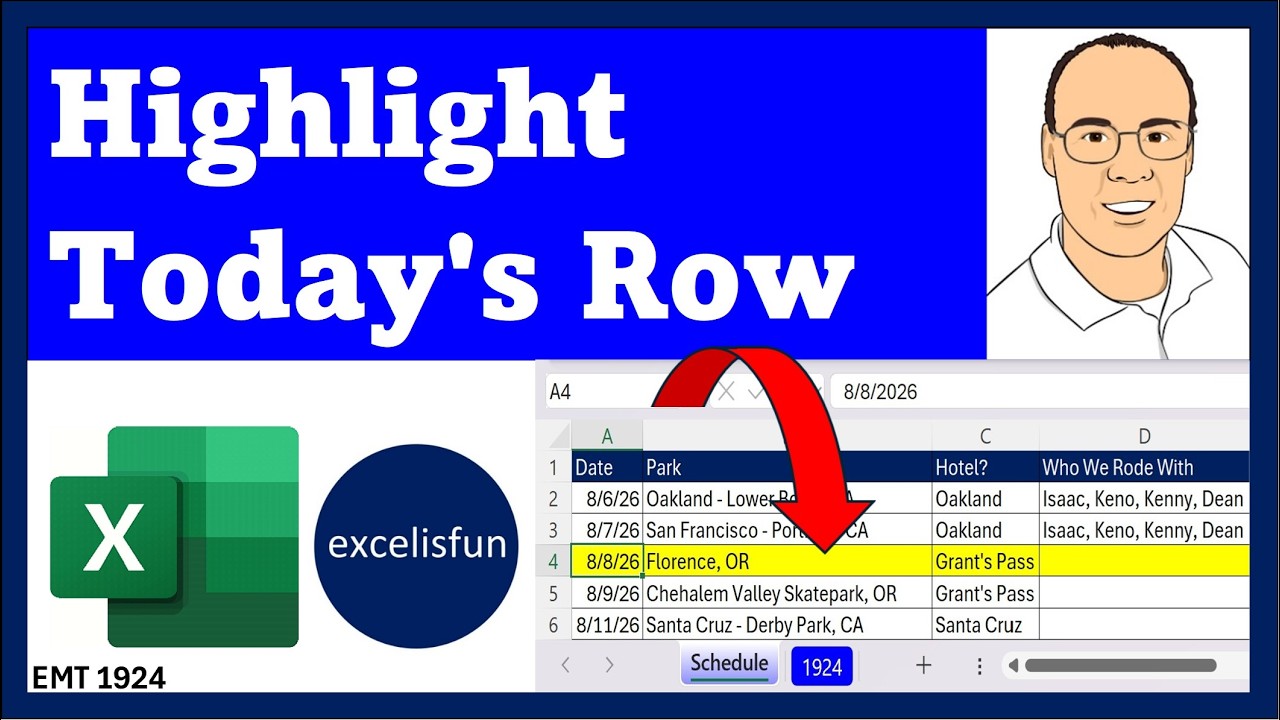 Conditionally Format Row in Schedule for Today’s Date - Mixed Cell References | EMT 1924