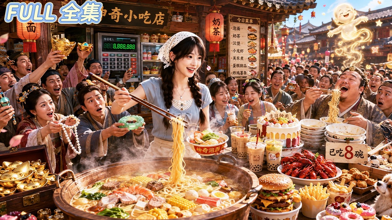 負債累累的美女主廚意外發現小吃店能連通古今！她把泡麵、炸雞、奶茶賣進古代，古人拿金銀瘋搶，短短幾天賺得盆滿缽滿，一路逆襲成古代頂級富豪！#短劇全集 #甜寵