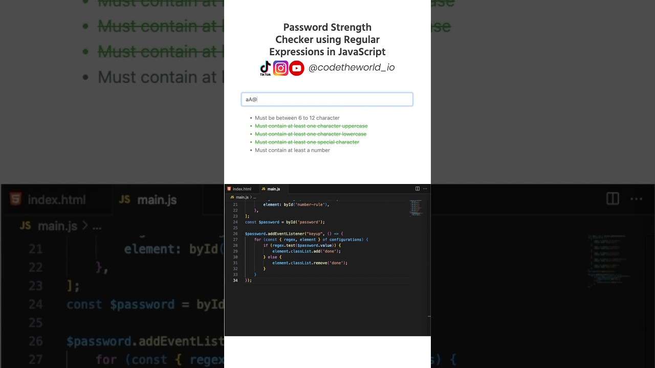 Password Strength Checker Using Regular Expression In JavaScript #javascript #programming #html