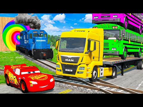 Flatbed Trailer Truck Rescue Bus - Cars vs Deep Water - Cars vs Rails and Trains - BeamNG Drive