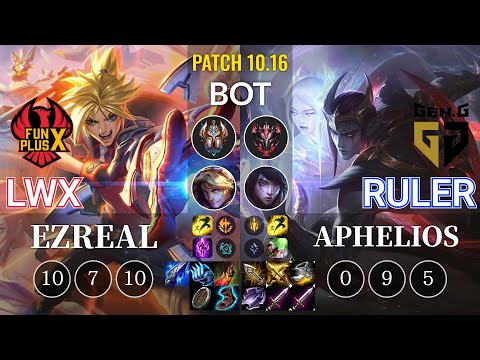 FPX Lwx Ezreal vs GEN Ruler Aphelios Bot - KR Patch 10.16