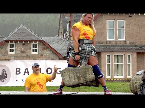 Donna Moore the World's Strongest Woman successfully lifts the 733 lbs Scottish Dinnie Stones 2019