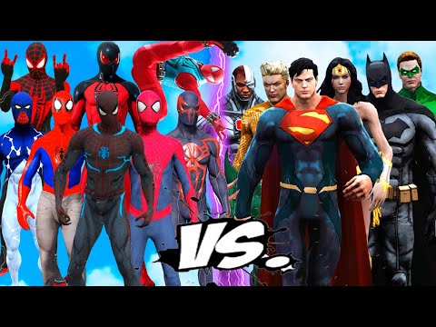 Justice League vs ALL Spider-man Team Suit - (Into The Spider Verse,Kaine Parker,Secret War,Scarlet)