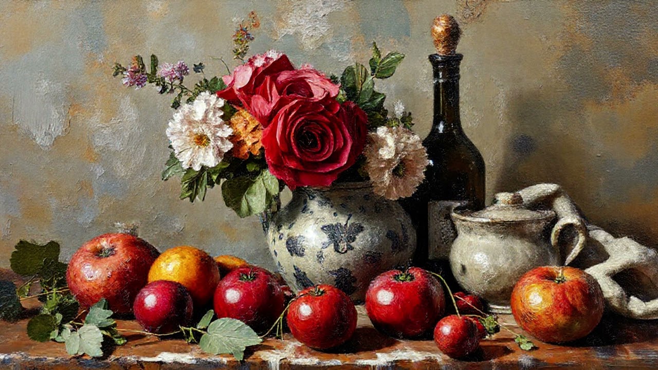 Fruits & Flowers | Vintage Still Life Oil painting | Frame Tv Art Gallery