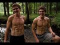 Teen athletes Ryan and Luke flexing in the woods
