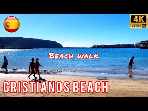 Walk along the beach of Los Cristianos. Tenerife today 4K