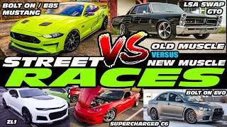 BOLT ON / E85 MUSTANG STREET RACES VS LSA GTO, EVO, ZL1 CAMARO, CORVETTE C6 VS TURBO MUSTANG