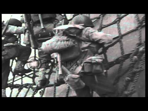 US soldiers board troop transport underway in English Channel a day before D-Day ...HD Stock Footage