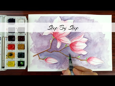Watercolor Pink Magnolia Flower | Step By Step
