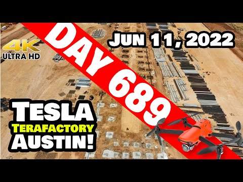 SOLAR "T" BEGINS-CATHODE AREA CRANKING AT GIGA TEXAS! - Tesla Gigafactory Austin 4K  Day 689-6/11/22