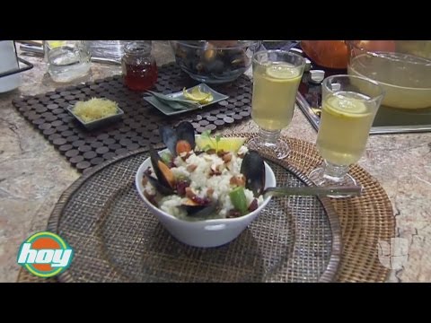 Risotto de espárragos y almendras con mejillones