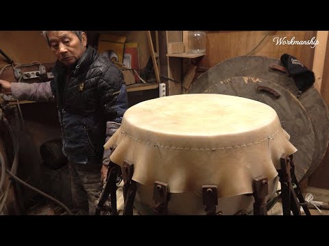 Process of Making Korean Traditional Dragon Drum. Drum Master, His Son and Cats