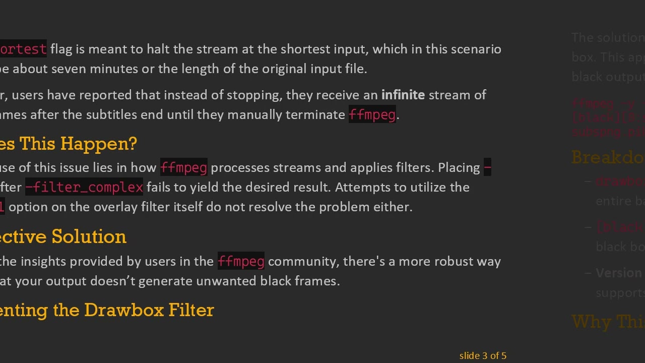 Resolving ffmpeg Infinite Length Output When Overlaying Subtitles on Black Images